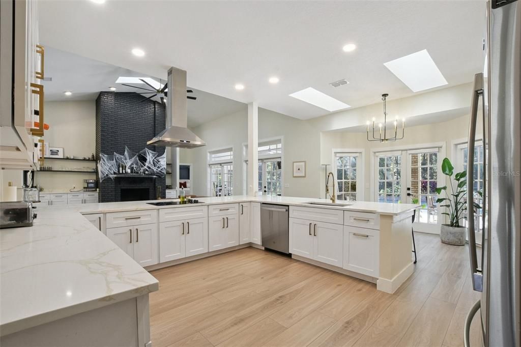 Chandelier, Interior, Kitchen, Recessed Lighting, Stainless Steel Appliances, Wood Texture Flooring