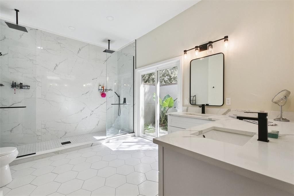 Bathroom, Dual Sink Vanities, Glass Shower, Interior, Marble Walls
