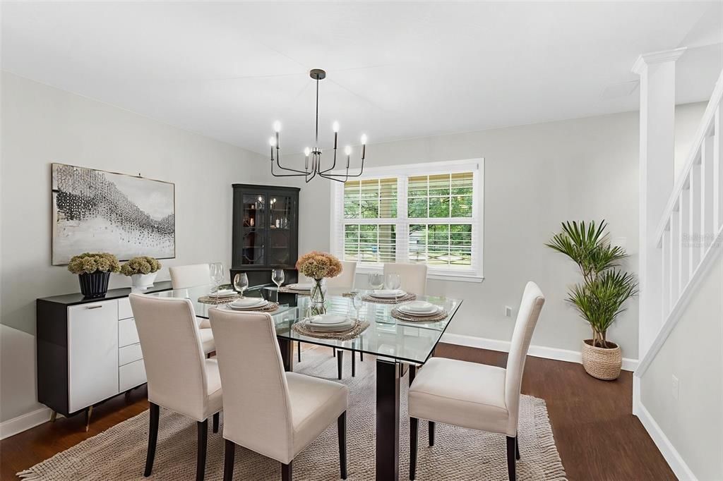 Chandelier, Dining room, Interior, Wood Texture Flooring