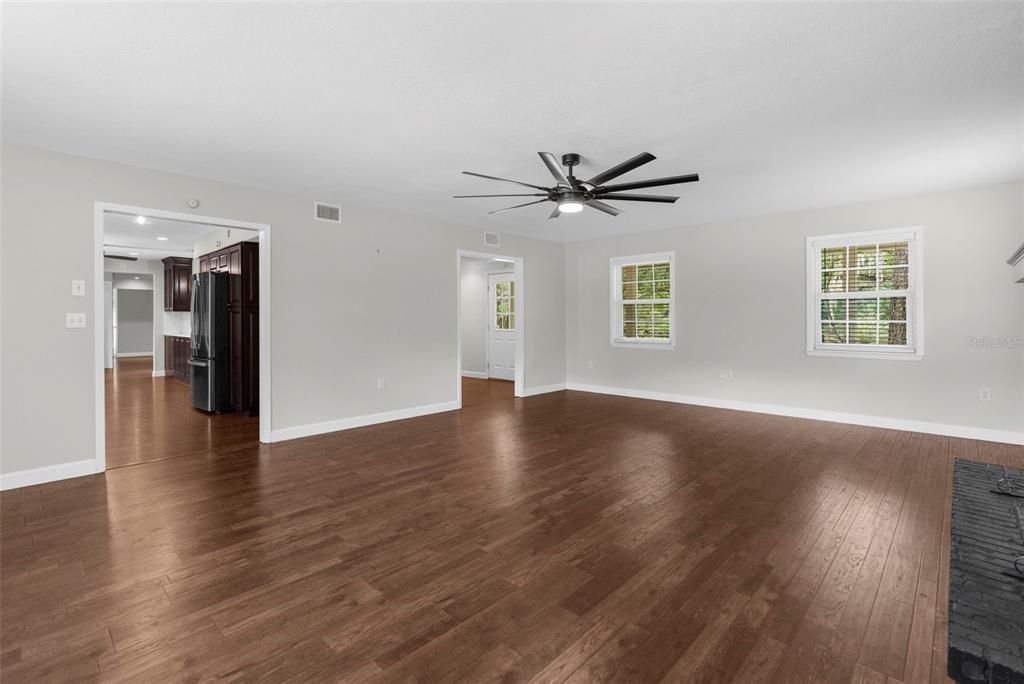 Empty room, Interior, Kitchen, Recessed Lighting, Wood Texture Flooring