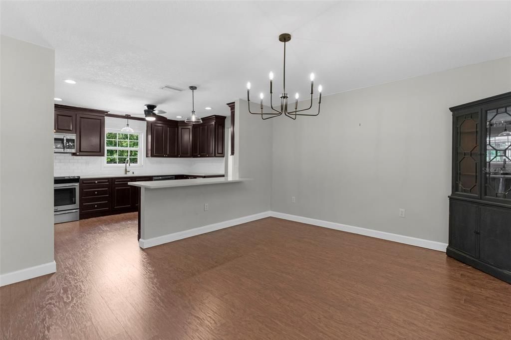 Chandelier, Interior, Kitchen, Pendant Lights, Recessed Lighting, Wood Texture Flooring