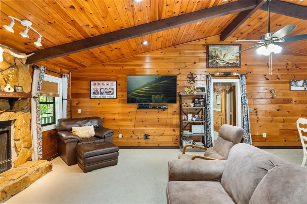 Fireplace, Interior, Living room, Recessed Lighting, Wooden Beams, Wooden Ceilings, Wooden Walls