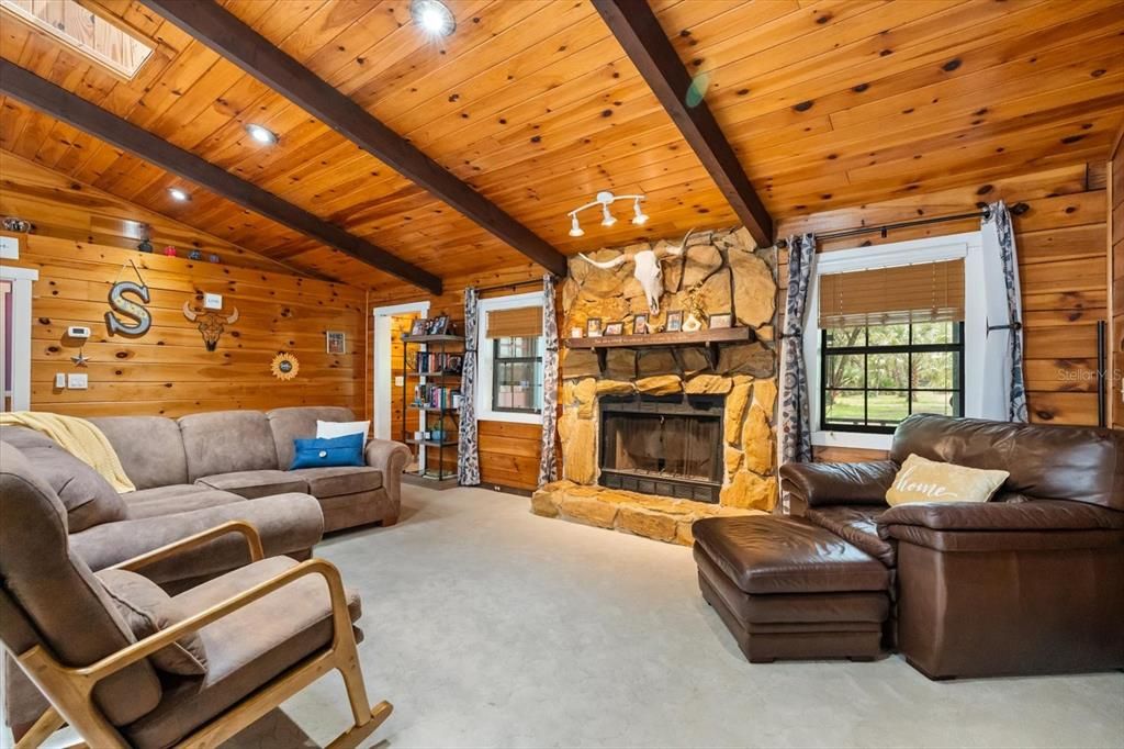 Fireplace, Interior, Living room, Recessed Lighting, Wooden Beams, Wooden Ceilings, Wooden Walls