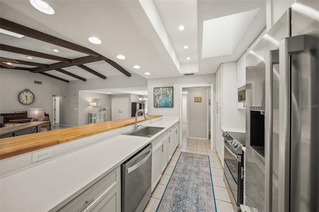 Interior, Kitchen, Recessed Lighting, Stainless Steel Appliances, Wooden Beams