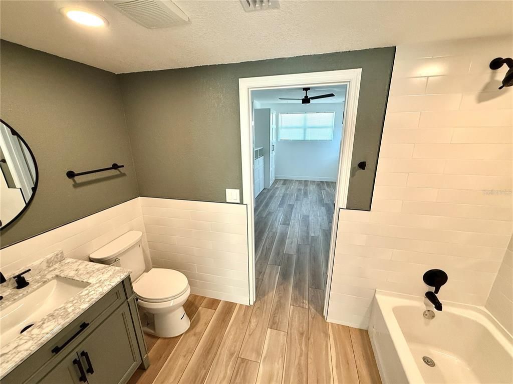 Bathroom, Interior, Recessed Lighting, Wood Texture Flooring
