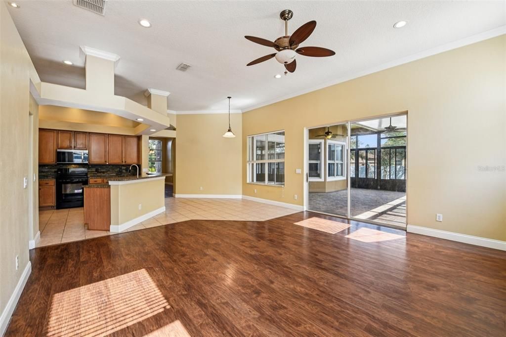 Empty room, Interior, Kitchen, Pendant Lights, Recessed Lighting, Wood Texture Flooring