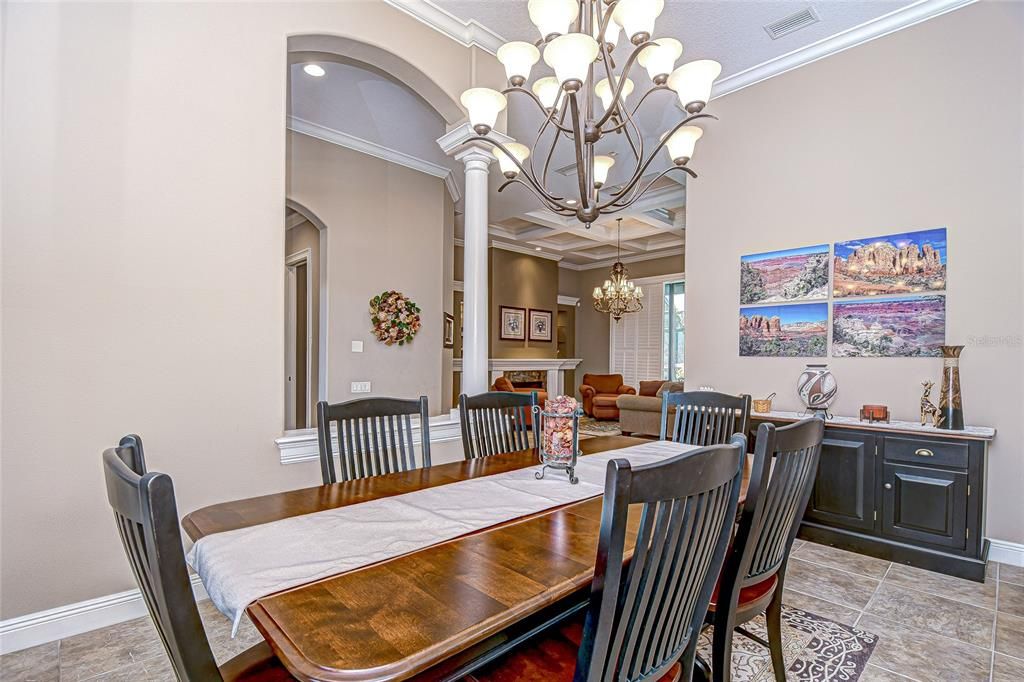 Chandelier, Dining room, Fireplace, Interior, Living room, Recessed Lighting
