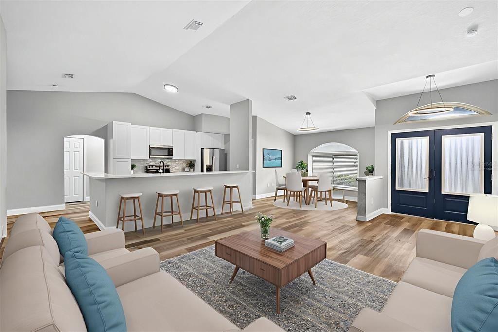 Dining room, Interior, Kitchen, Living room, Pendant Lights, Recessed Lighting, Stainless Steel Appliances, Wood Texture Flooring