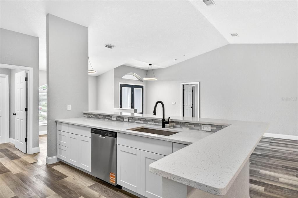 Interior, Kitchen, Pendant Lights, Wood Texture Flooring