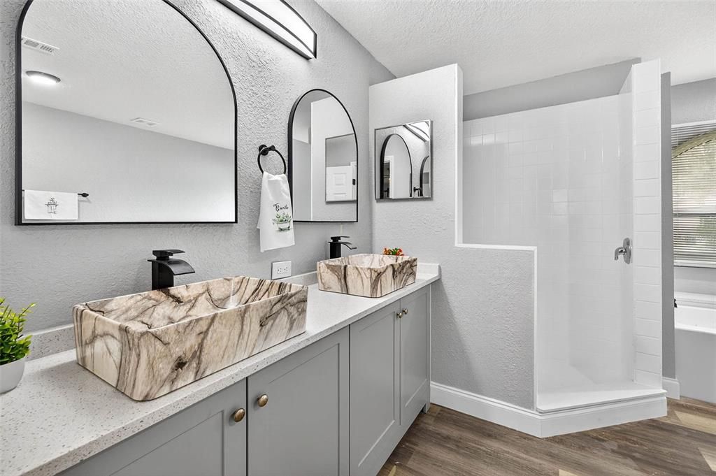 Bathroom, Dual Sink Vanities, Interior, Recessed Lighting, Wood Texture Flooring
