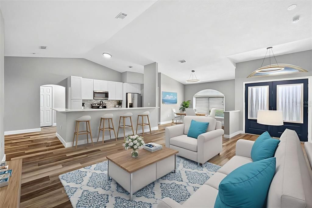 Interior, Kitchen, Living room, Pendant Lights, Recessed Lighting, Stainless Steel Appliances, Wood Texture Flooring