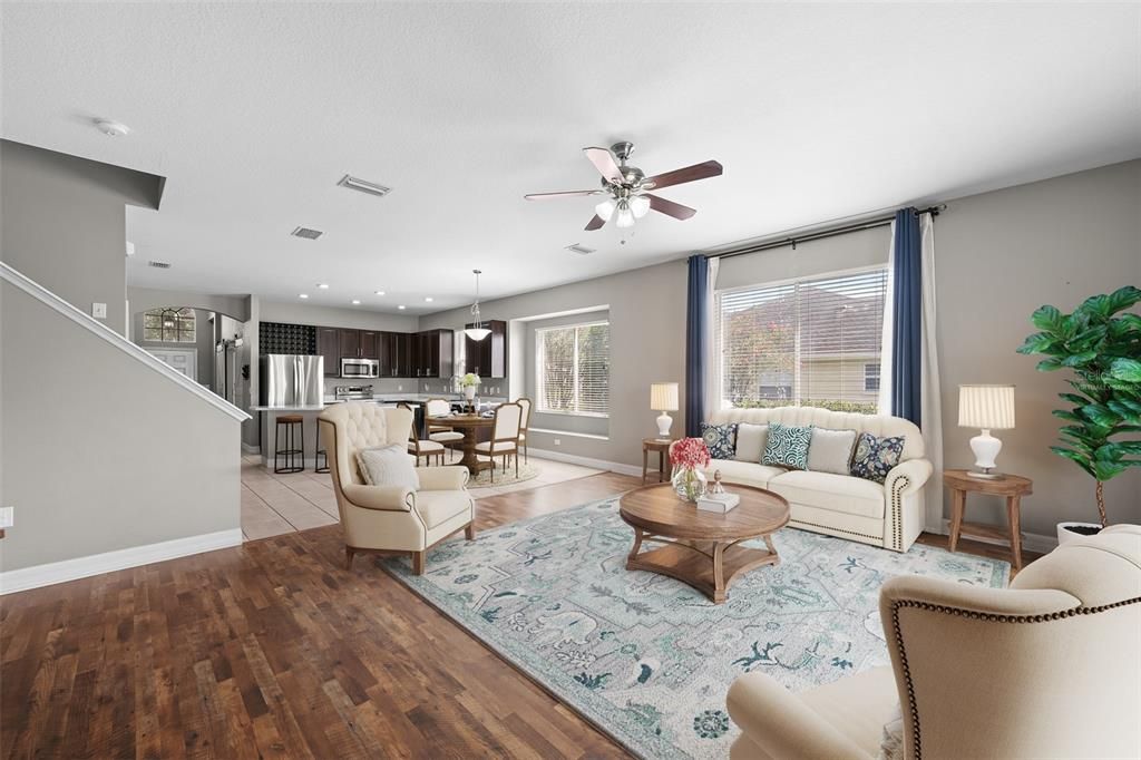 Dining room, Interior, Kitchen, Living room, Pendant Lights, Recessed Lighting, Stainless Steel Appliances, Wood Texture Flooring