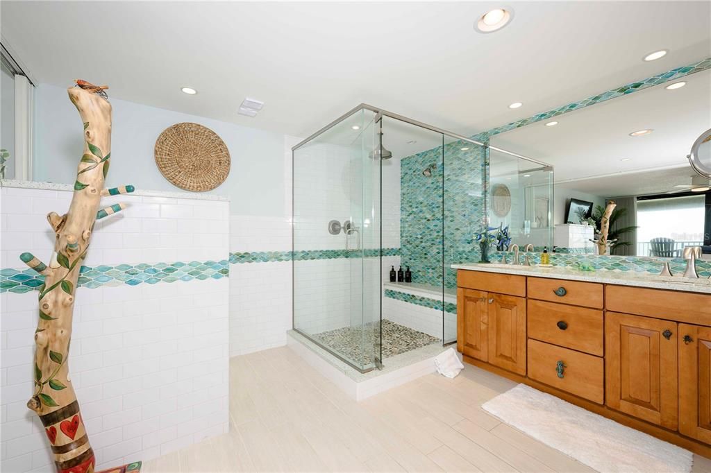 Bathroom, Glass Shower, Interior, Recessed Lighting, Wood Texture Flooring