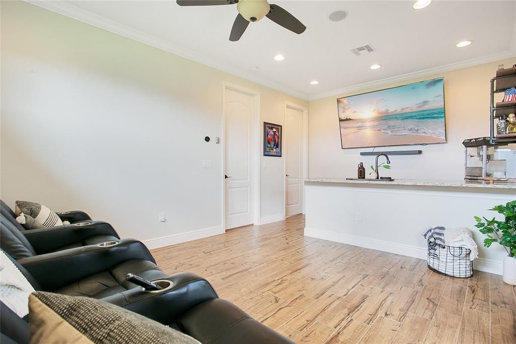 Home Theatre Room, Interior, Living room, Recessed Lighting, Wood Texture Flooring