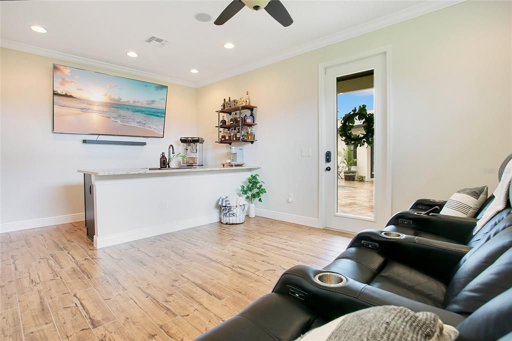 Home Theatre Room, Interior, Recessed Lighting, Wood Texture Flooring
