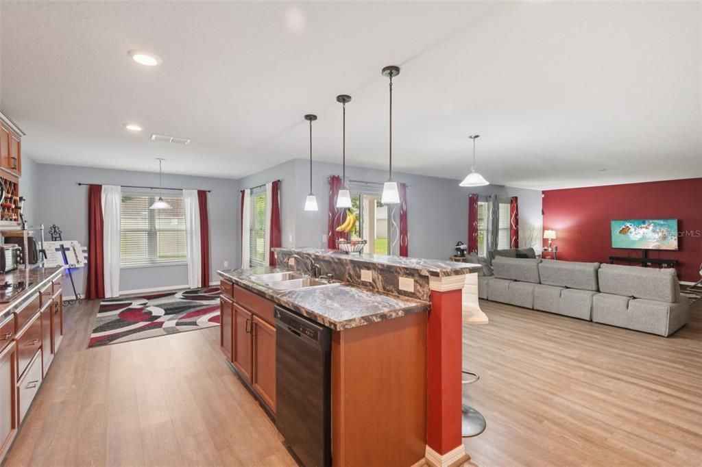Interior, Kitchen, Living room, Pendant Lights, Recessed Lighting, Wood Texture Flooring