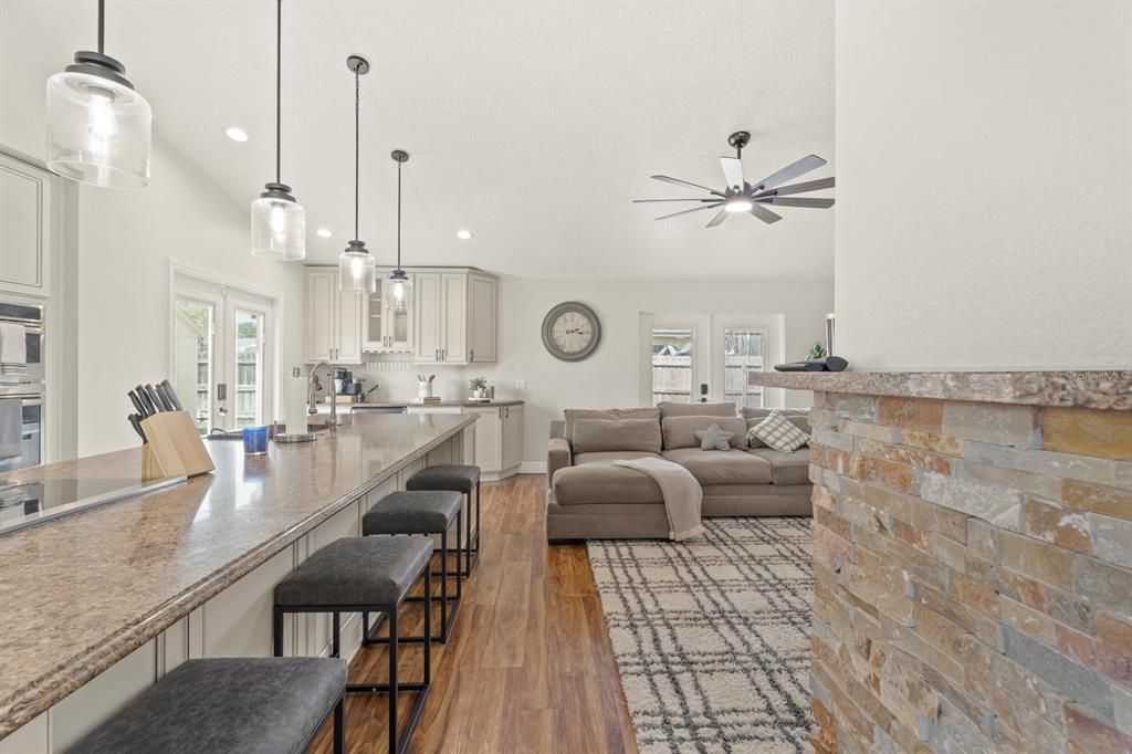 Interior, Kitchen, Living room, Pendant Lights, Recessed Lighting, Stone Walls, Wood Texture Flooring
