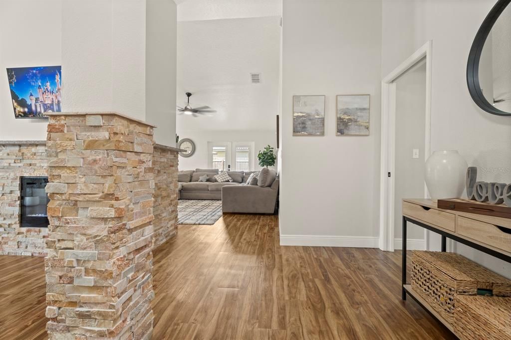 Fireplace, Interior, Living room, Stone Walls, Wood Texture Flooring