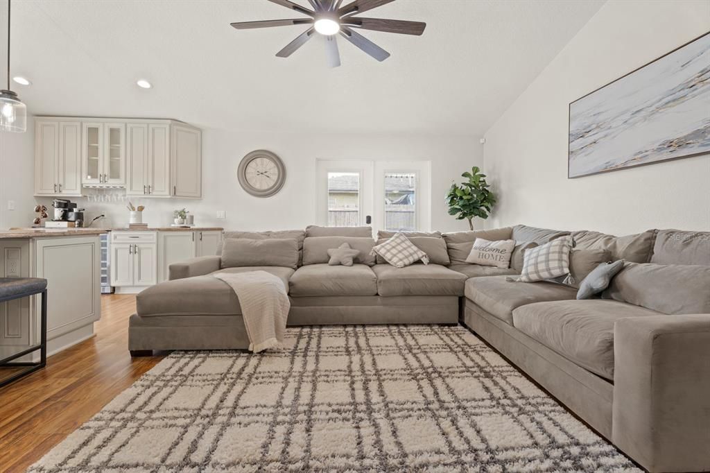 Interior, Kitchen, Living room, Recessed Lighting, Wood Texture Flooring