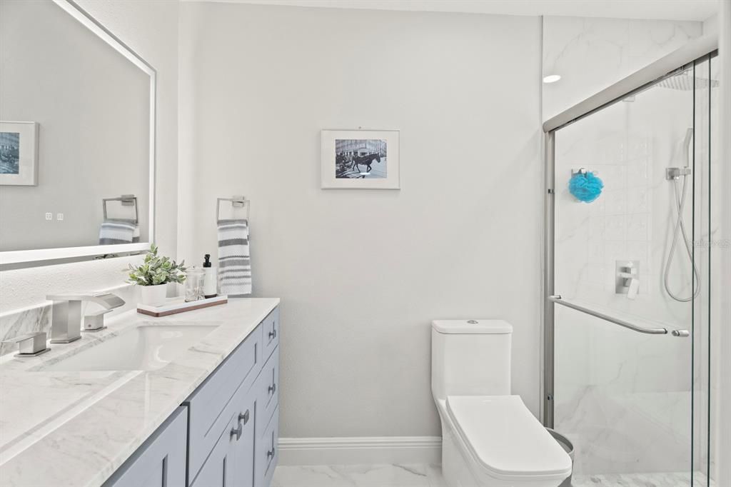 Bathroom, Glass Shower, Interior, Marble, Marble Walls, Recessed Lighting