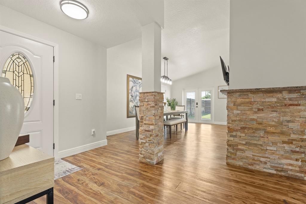 Dining room, Interior, Pendant Lights, Stone Walls, Wood Texture Flooring