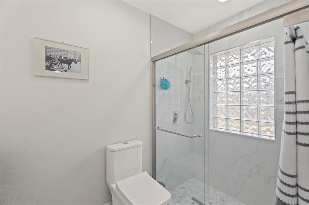 Bathroom, Glass Shower, Interior, Marble Walls, Recessed Lighting