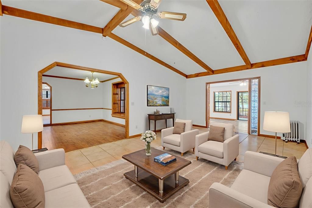 Chandelier, Interior, Living room, Wooden Beams, Wood Texture Flooring
