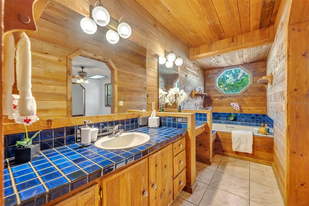 Bathroom, Interior, Tile Countertops, Wooden Ceilings, Wooden Walls