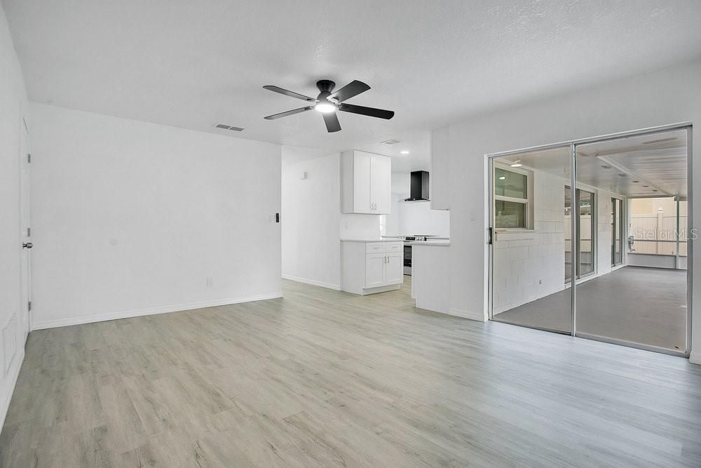 Empty room, Interior, Kitchen, Recessed Lighting, Wood Texture Flooring