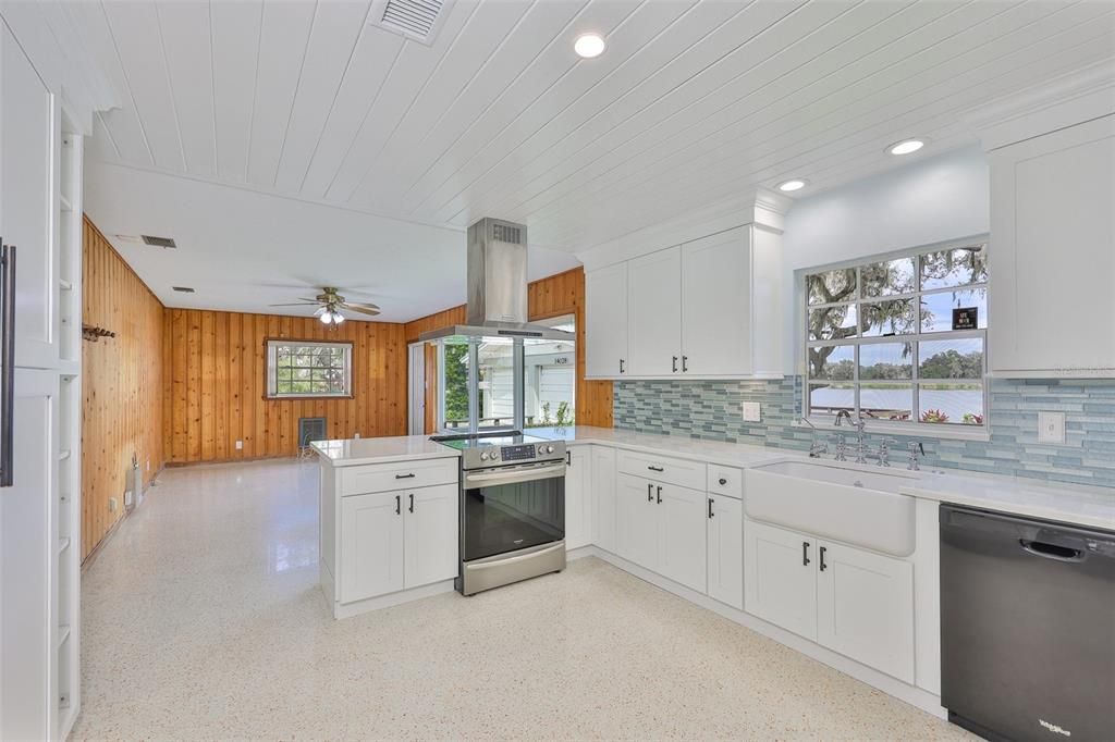 Interior, Kitchen, Recessed Lighting, Stainless Steel Appliances, Wooden Walls