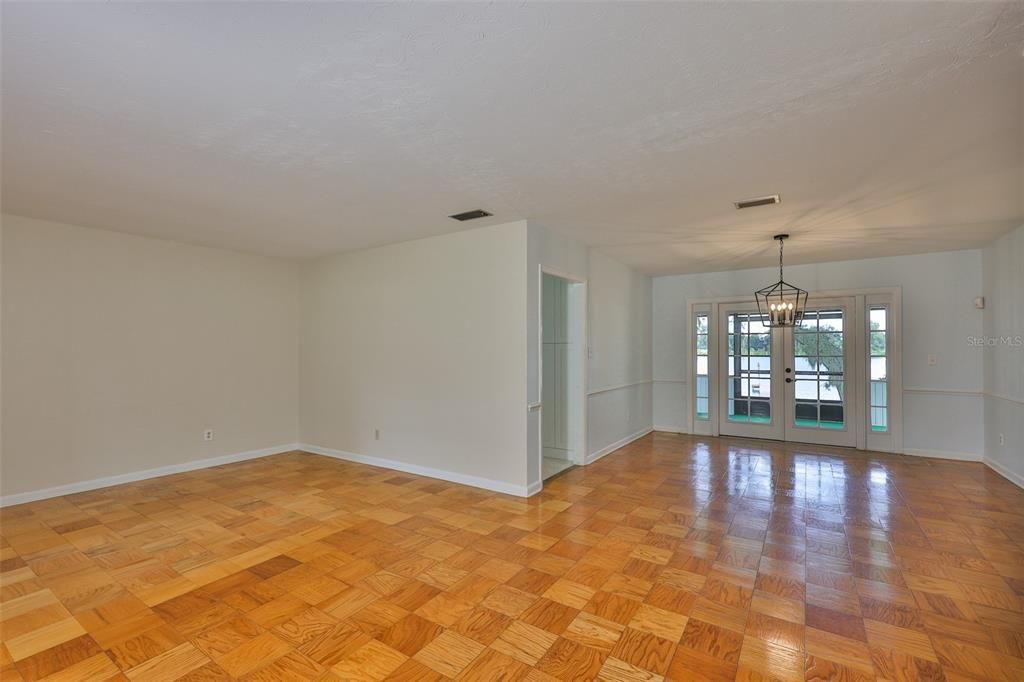 Chandelier, Empty room, Interior, Pendant Lights, Wood Texture Flooring