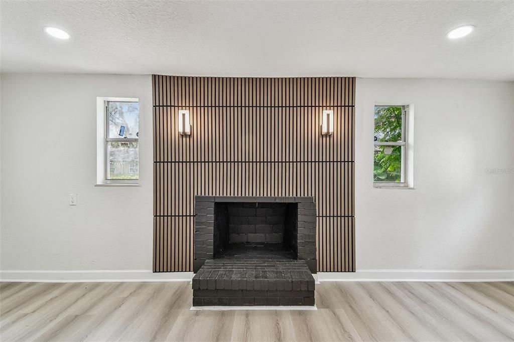 Fireplace, Interior, Recessed Lighting, Wood Texture Flooring