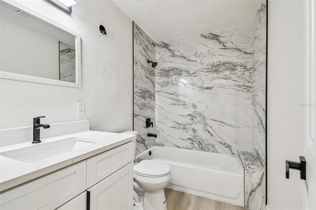 Bathroom, Interior, Marble Walls, Wood Texture Flooring