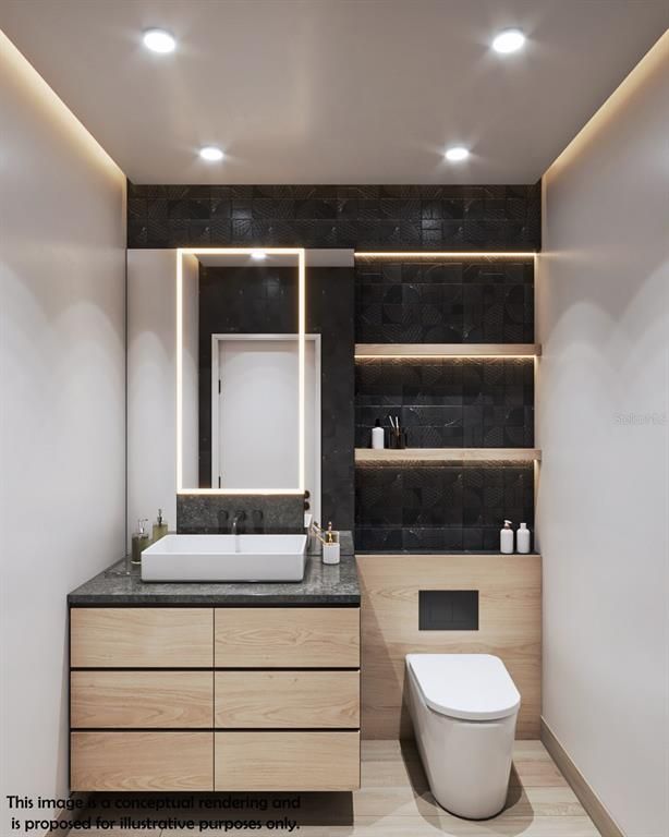 Bathroom, Interior, Recessed Lighting, Wood Texture Flooring