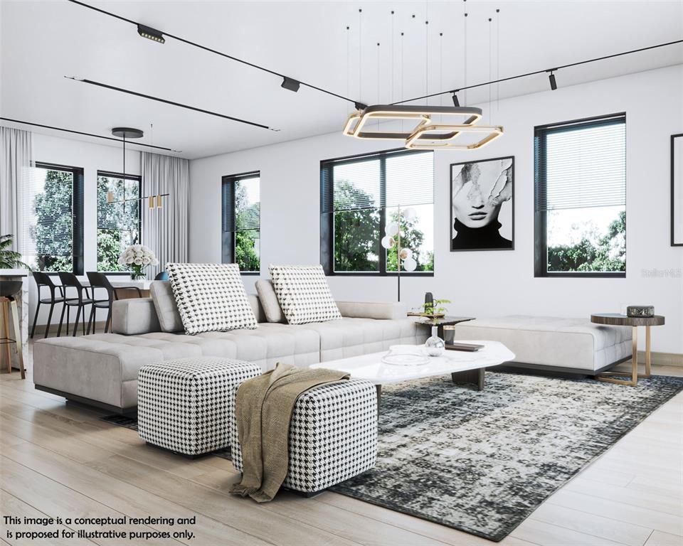 Dining room, Interior, Living room, Pendant Lights, Wood Texture Flooring