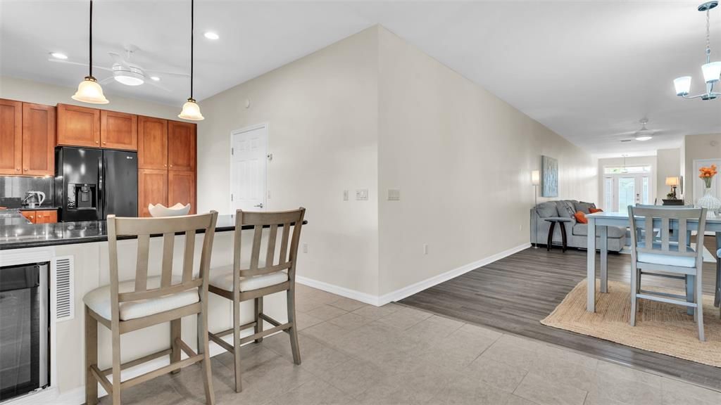 Dining room, Interior, Kitchen, Pendant Lights, Recessed Lighting, Wood Texture Flooring