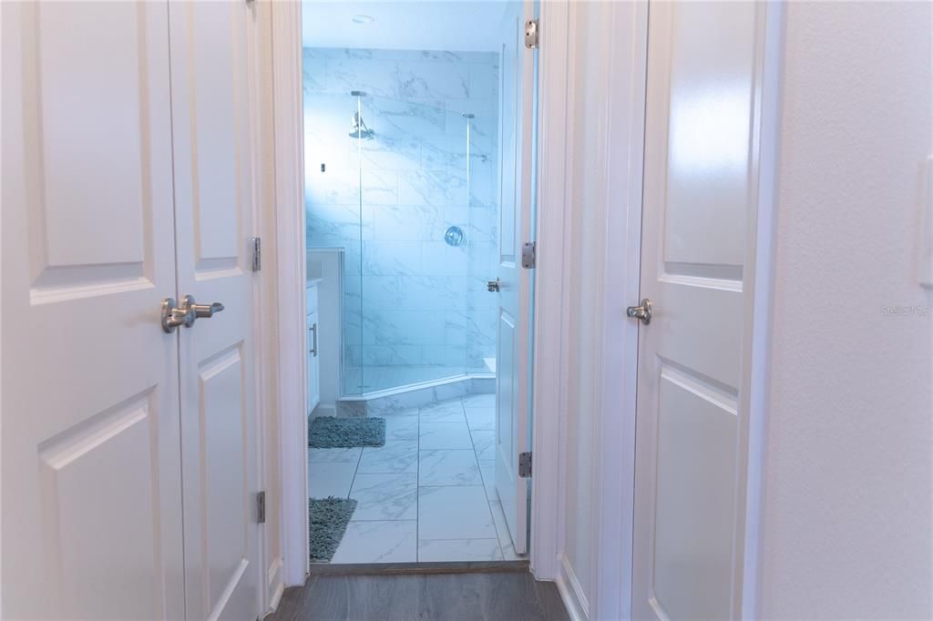 Bathroom, Glass Shower, Interior, Marble, Marble Walls, Recessed Lighting