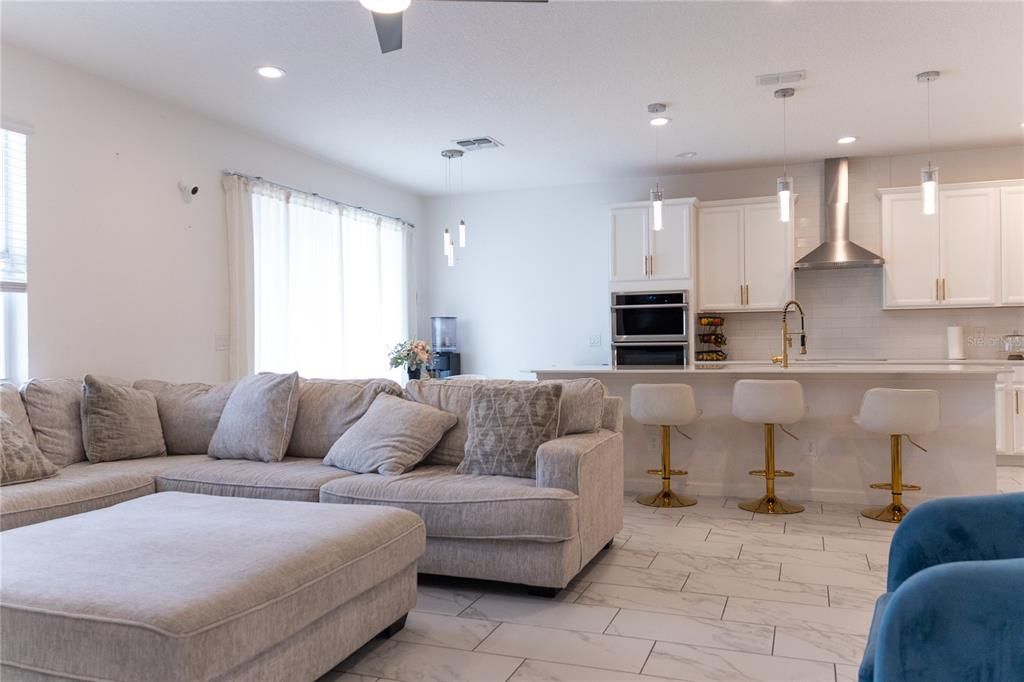 Interior, Kitchen, Living room, Marble, Pendant Lights, Recessed Lighting, Stainless Steel Appliances