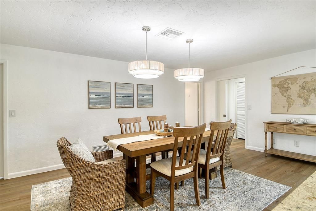 Dining room, Interior, Pendant Lights, Wood Texture Flooring
