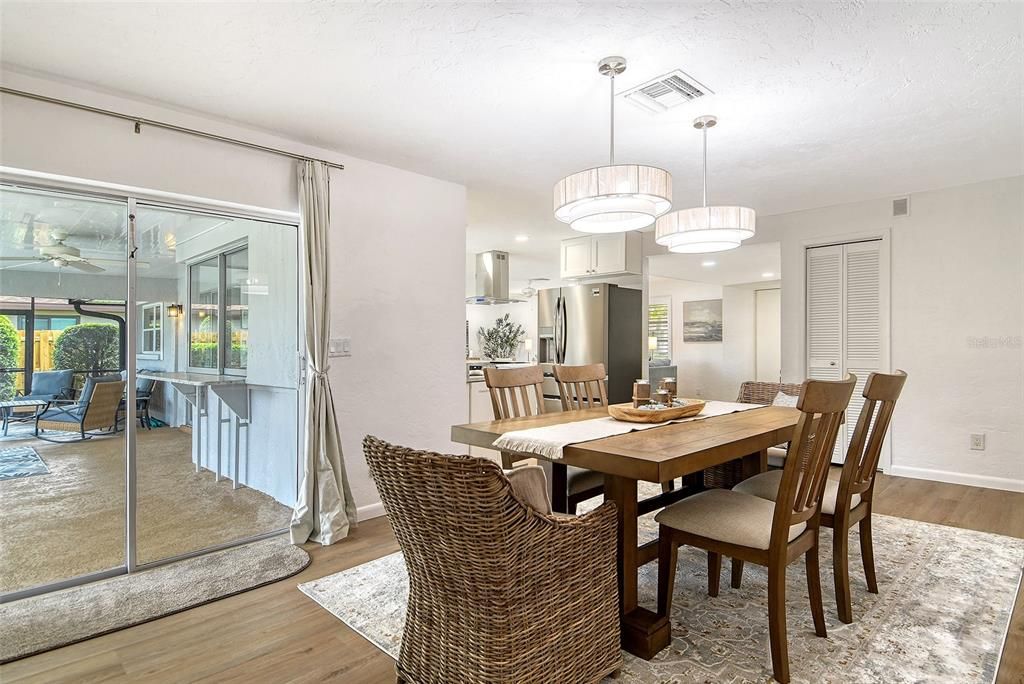 Dining room, Interior, Pendant Lights, Recessed Lighting, Wood Texture Flooring