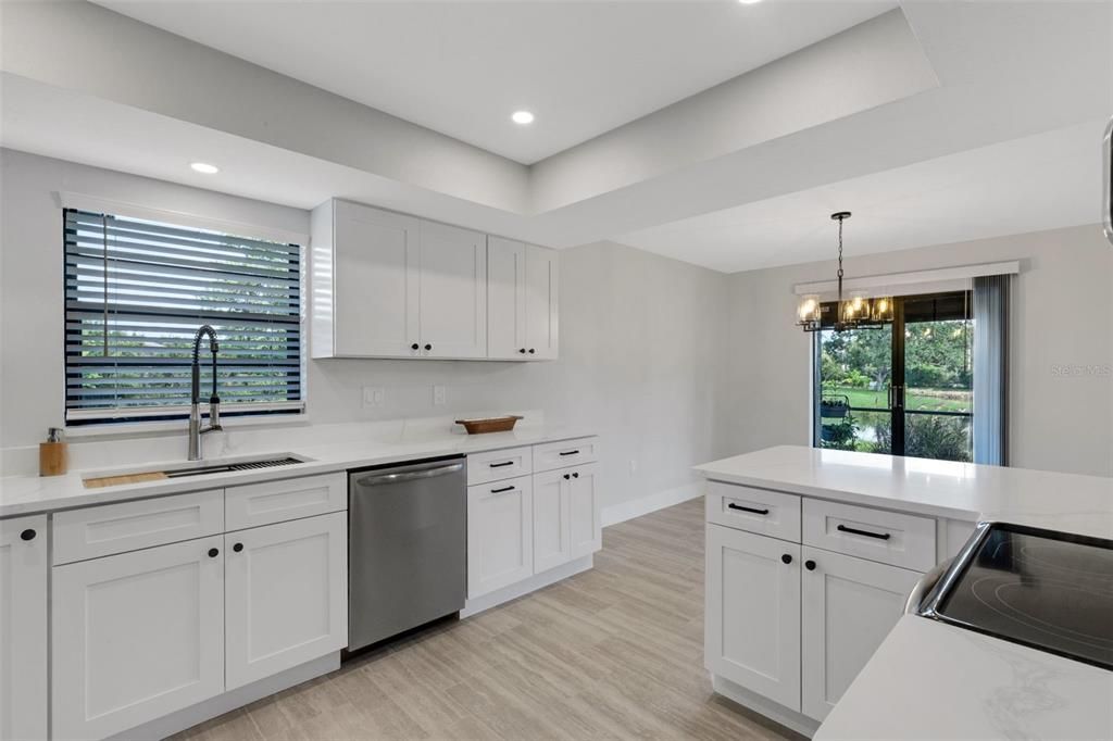 Chandelier, Interior, Kitchen, Pendant Lights, Recessed Lighting, Wood Texture Flooring