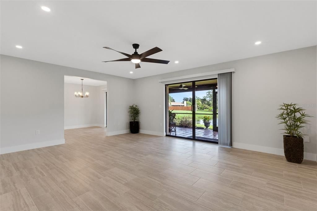Chandelier, Empty room, Interior, Recessed Lighting, Wood Texture Flooring