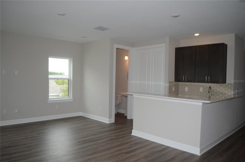 Empty room, Interior, Kitchen, Recessed Lighting, Wood Texture Flooring