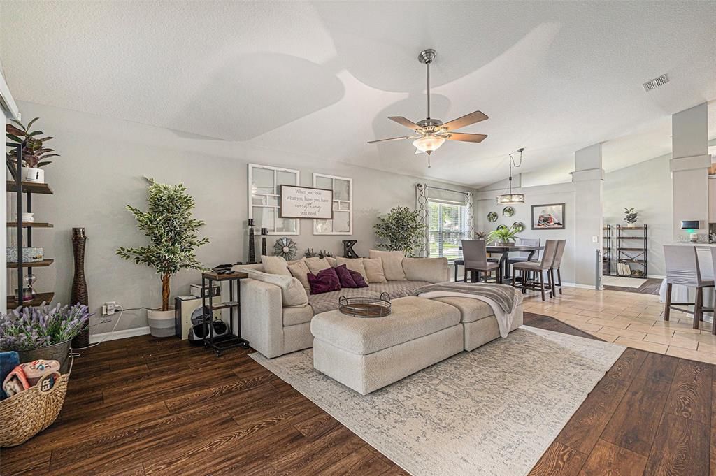 Dining room, Interior, Living room, Pendant Lights, Wood Texture Flooring