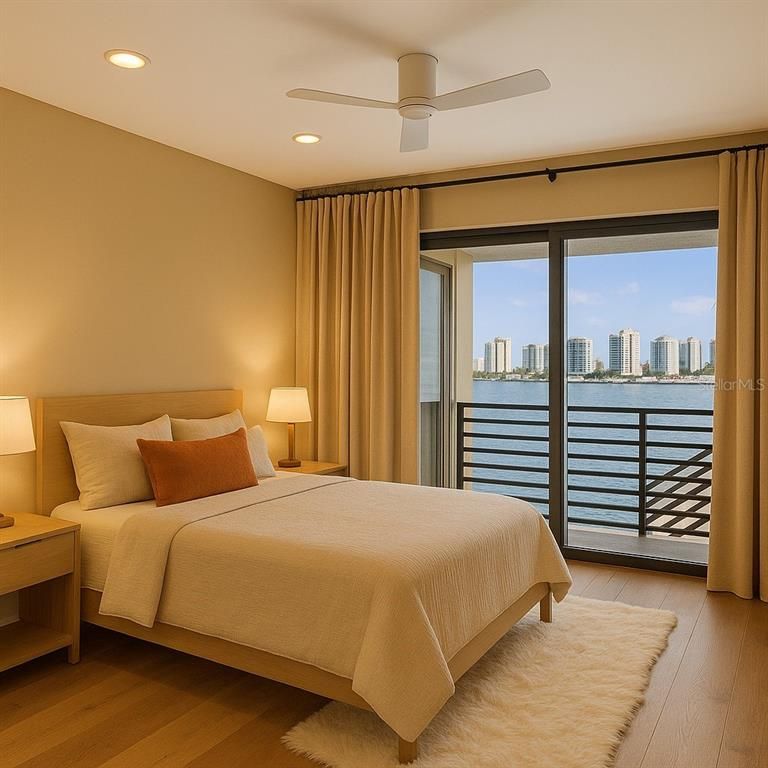 Bedroom, Interior, Recessed Lighting, Water, Wood Texture Flooring