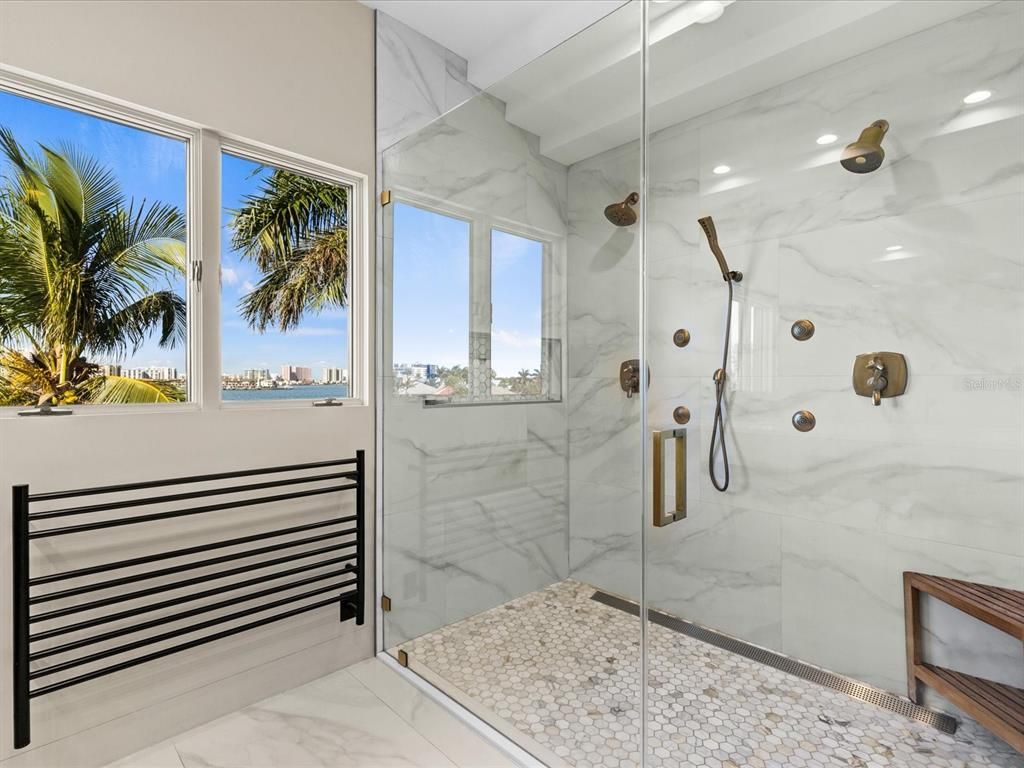 Bathroom, Glass Shower, Interior, Marble, Marble Walls, Recessed Lighting