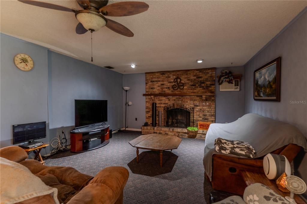 Fireplace, Interior, Living room, Recessed Lighting, Stone Walls