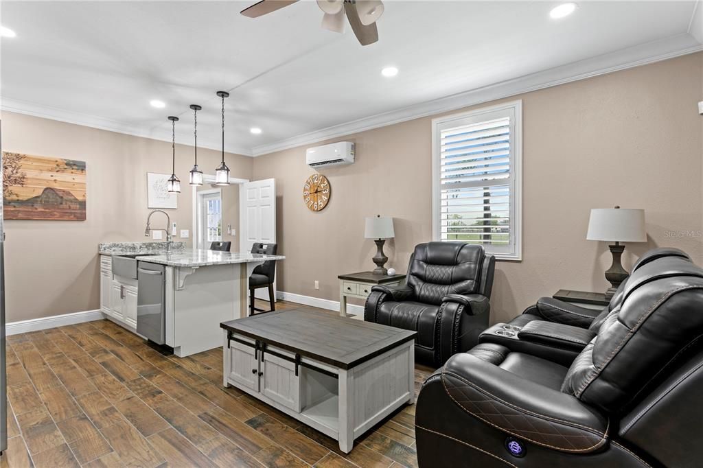 Home Theatre Room, Interior, Kitchen, Pendant Lights, Recessed Lighting, Wood Texture Flooring