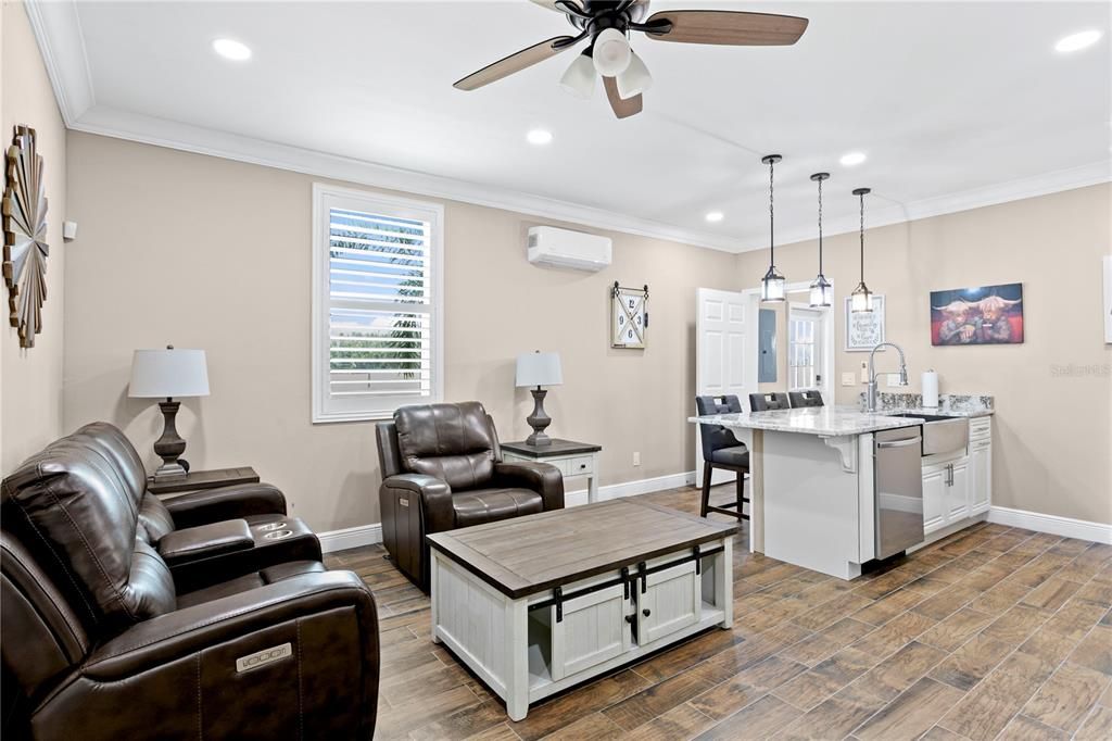 Home Theatre Room, Interior, Kitchen, Pendant Lights, Recessed Lighting, Wood Texture Flooring