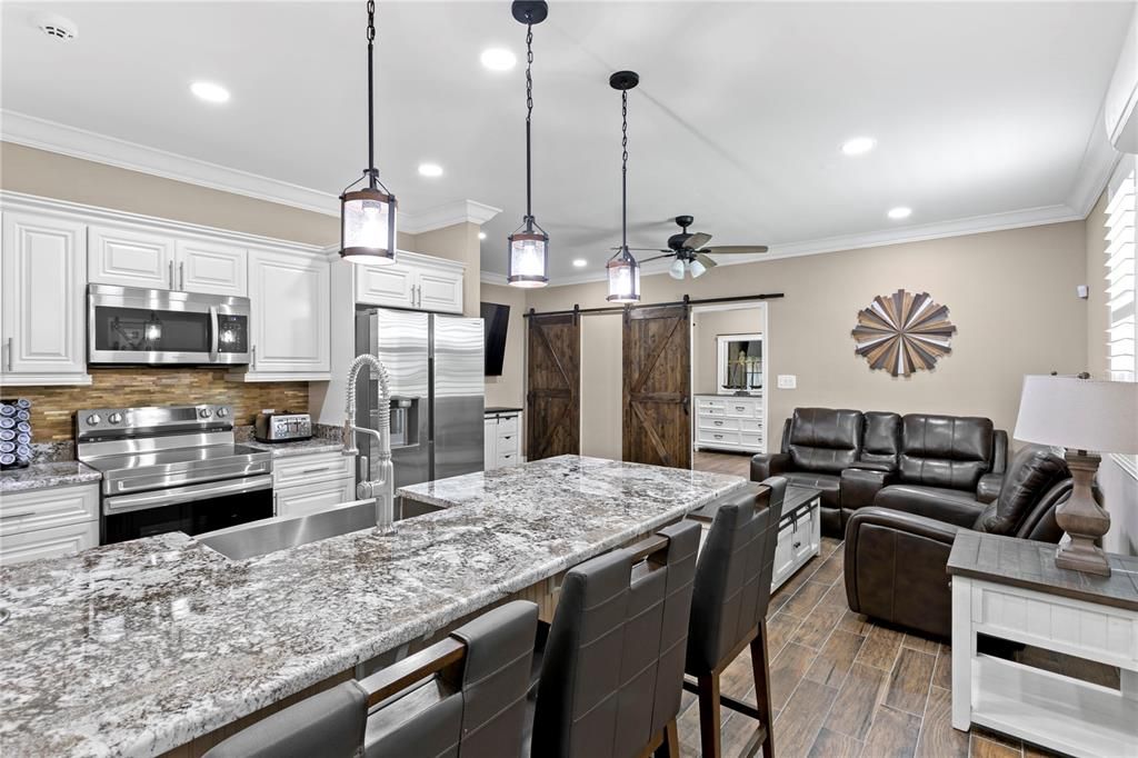 Interior, Kitchen, Living room, Pendant Lights, Recessed Lighting, Stainless Steel Appliances, Wood Texture Flooring